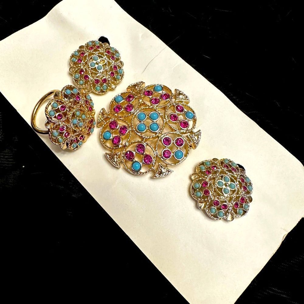 Purple, turquoise and gold clip-on earrings, ring, and pin - Sarah Conventry